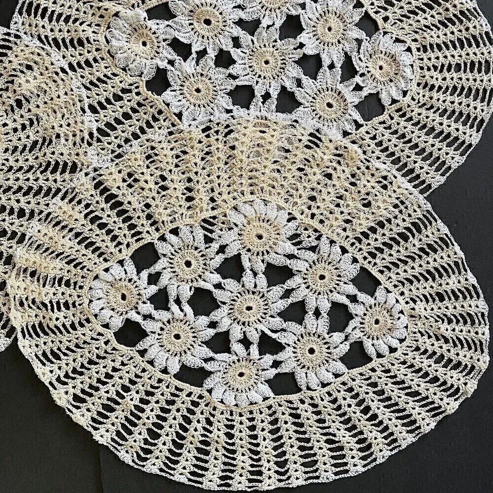 Hand Crocheted Oval Lace Peach Doilies Centerpiece Doily Floral Vintage Lot of 3
